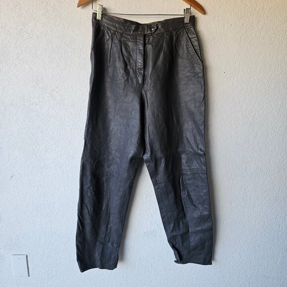Vintage Pants - Vintage Maguette 80s 90s Dark Gray Leather Tapered Pleated Pants Motorcycle 14/L
